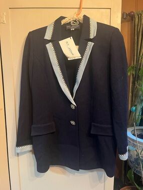 St John navy blazer with light blue trim and gold hardware